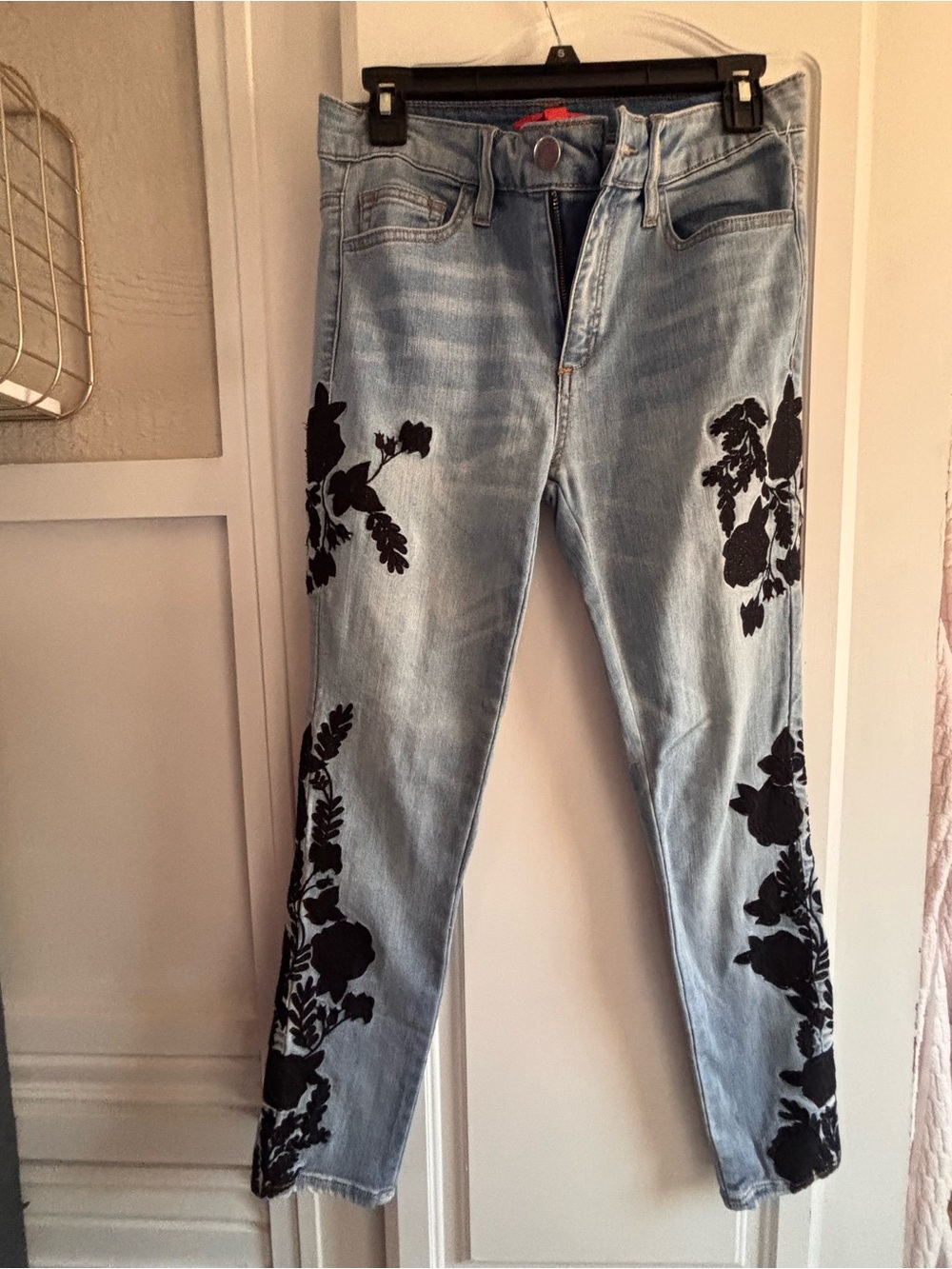 Chelsea & Violet Light Wash Skinny Jeans with Black Floral Appliqué